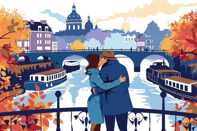 Vector couple standing on bridge