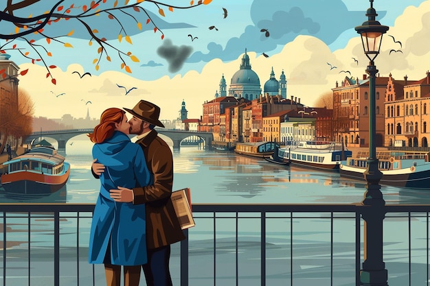 Vector couple standing on bridge