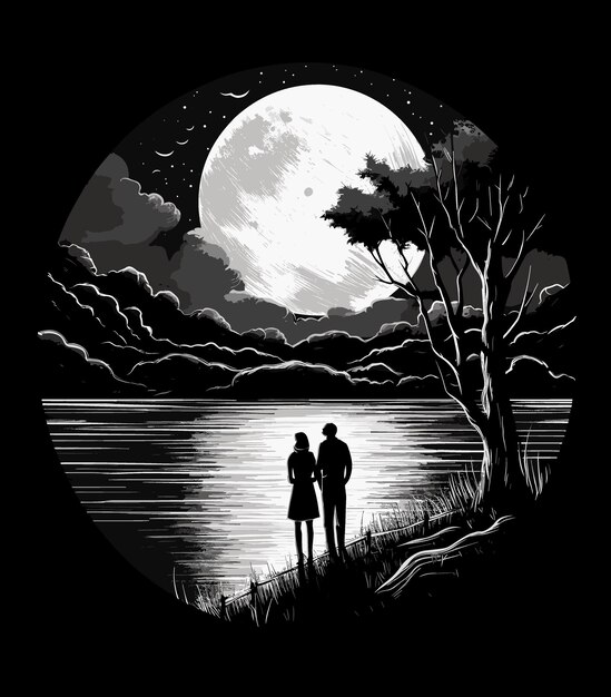 Vector a couple standing next to a lake with the moon in the background