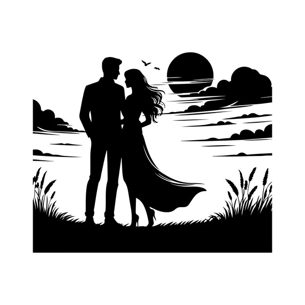 Vector couple standing silhouette vector a silhouette of a romantic couple standing on romance vector