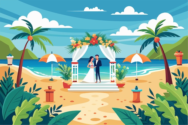 Vector a couple stands under a floral archway on a beach exchanging vows during their wedding ceremony beach wedding customizable disproportionate illustration