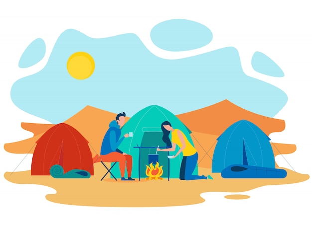 Couple Summer Camping Flat Vector Illustration