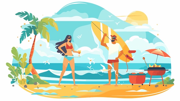 Vector couple surfing together at beach