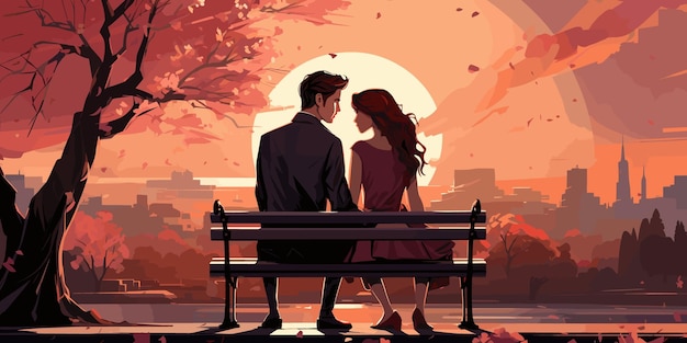 Couple sweet kissing siting on bench in park romantic scenery pastel vector illustration in concepts cute kawaii anime manga style