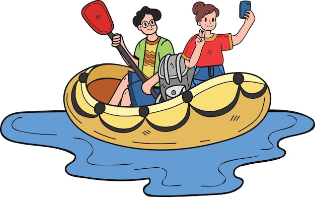 Couple taking selfie on boat illustration in doodle style