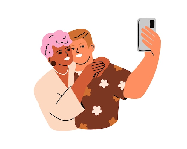 Couple taking selfie, self portrait photo with mobile phone camera. Happy woman and man smiling together, holding smartphone for photograph. Flat vector illustration isolated on white background.