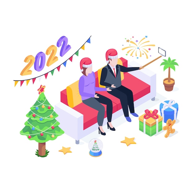 Couple taking selfie with gifts an isometric illustration of new year gifts