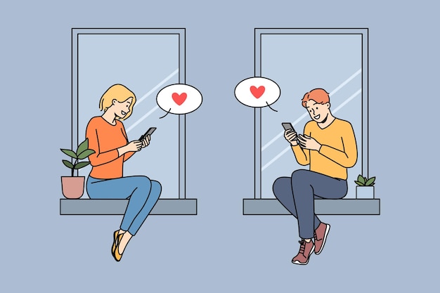 Couple texting online on smartphones