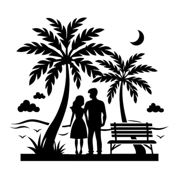 couple under tree in beach side illustration black and white