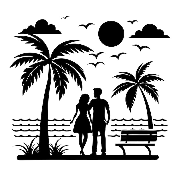 couple under tree in beach side illustration black and white