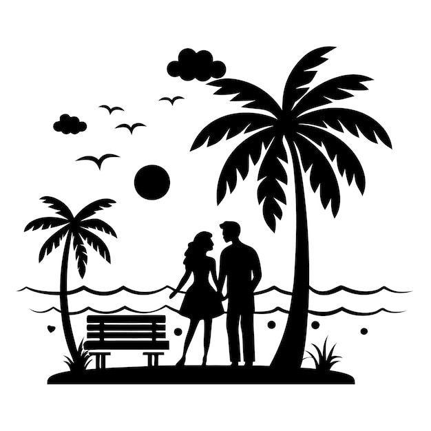 couple under tree in beach side illustration black and white