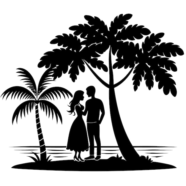 couple under tree in beach side illustration black and white