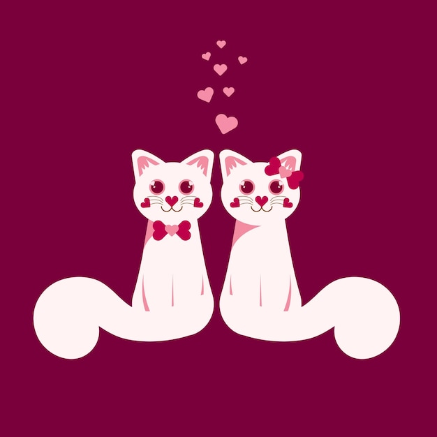 A couple of two white cats in love on maroon background for valentine day cute cartoon character vector illustrations in flat style