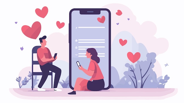 Vector couple using dating app on mobile phone