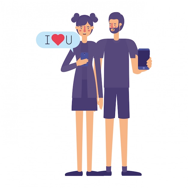 couple using smartphone with speech bubble