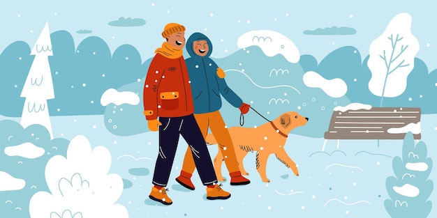 Couple walk in winter park Young family with dog Cold snowy weather Frosty nature Smiling people in love Outdoor stroll Man and woman in warm seasonal clothes Garish vector concept