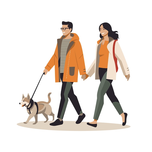 Couple walking dog man coat glasses woman jacket casual autumn day Outdoor stroll pet relaxed