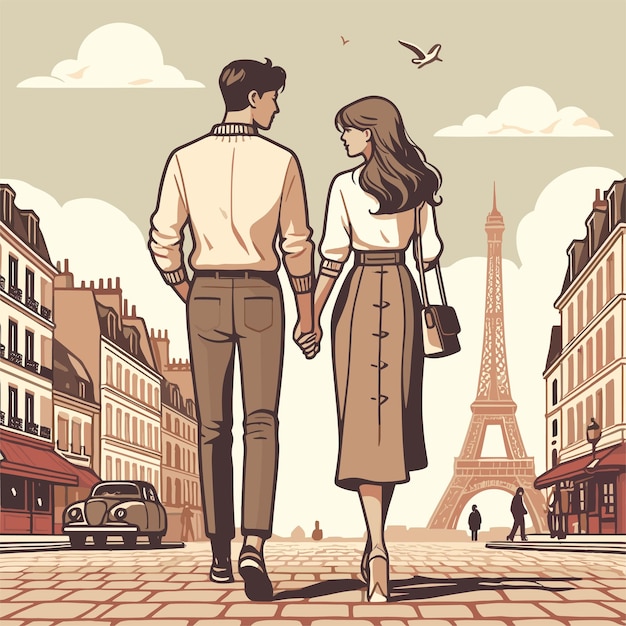 Vector couple walking handinhand along a cobblestone street in paris and the eiffel tower