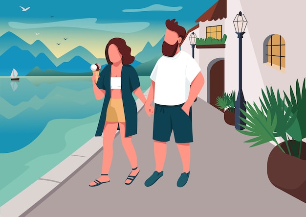 Couple walking on seafront flat color illustration