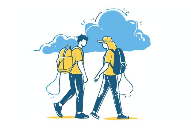 Vector couple walking with backpacks smiling together