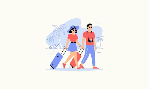 Vector a couple walking with luggage on a tropical vacation destination