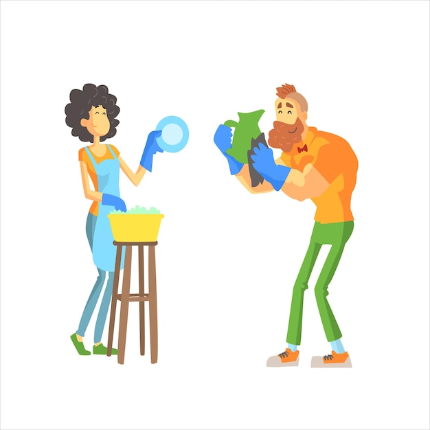 Couple Washing Dishes Together Cute Cartoon Style Flat Vector Illustration On White Background