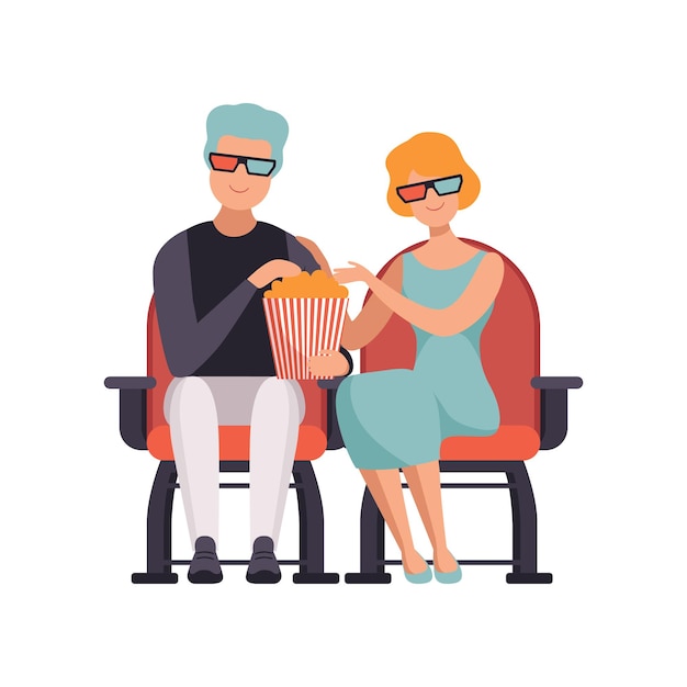 Couple watching movie in cinema theater in 3d glasses and eating popcorn vector Illustration isolated on a white background