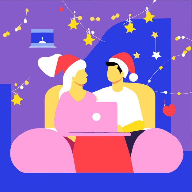 Vector couple watching movie on a laptop and eat popcorn cozy room with lights and christmas three