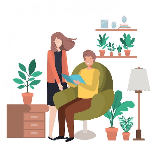 Couple with book in livingroom avatar character