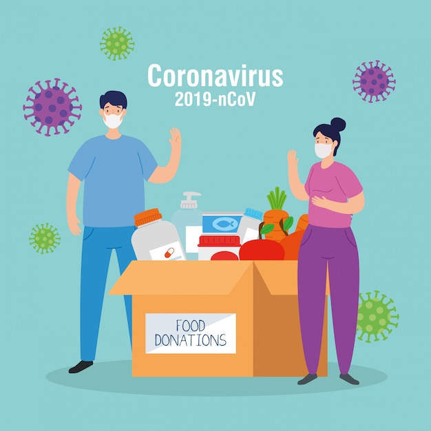 Couple with cardboard donation box food, social care, during coronavirus