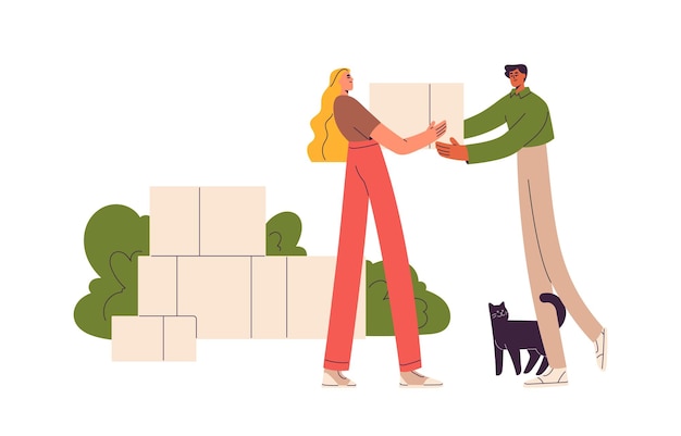 Couple with cardboards pile Man and woman family carrying boxes with belongings stuff during relocation moving to new house leaving home Flat vector illustration isolated on white background