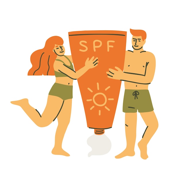 Vector couple with giant sunscreen tube