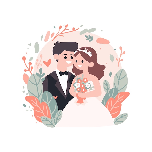 Couple with lovely wedding in flat style isolated on background