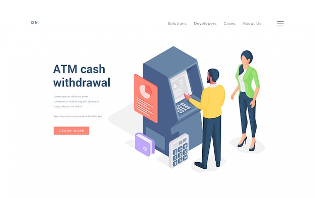 Vector couple withdrawing cash from atm isometric  illustration.