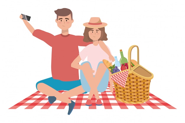 Vector couple of woman and man having picnic 