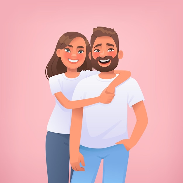 Couple of young people on a pink background Portrait of happy man and woman embracing