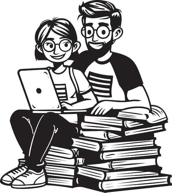 Couples Coding Together Laptop on Stack of Books with Vector Black Logo Literary Lounge Couple Rela