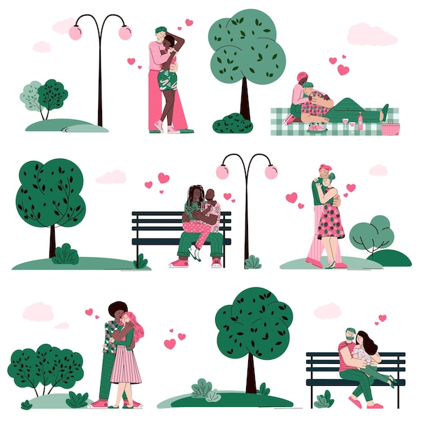 Couples dating and hugging in summer park cartoon vector illustration isolated