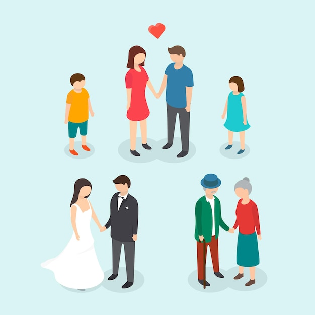 Couples love, Family, People wedding, Children. 3d isometric vector