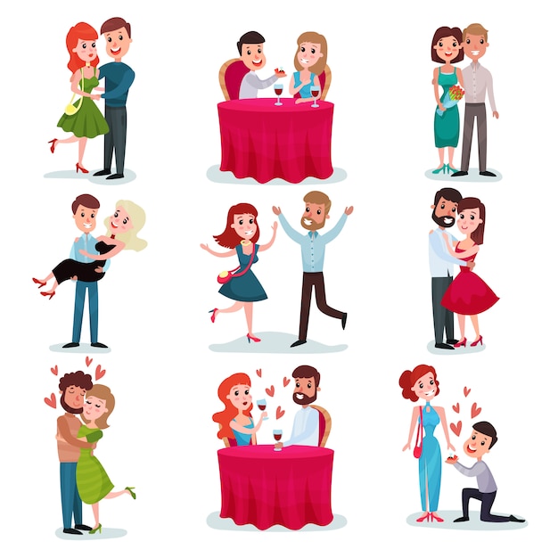 Couples in love set, happy lovers on date, at romantic dinner, hugging and dancing cartoon   Illustrations