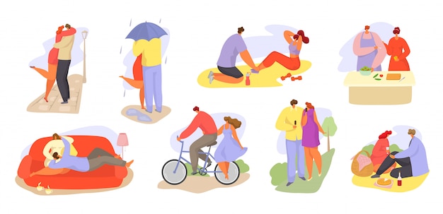 Couples of loving people together daily activities illustration isolated set.