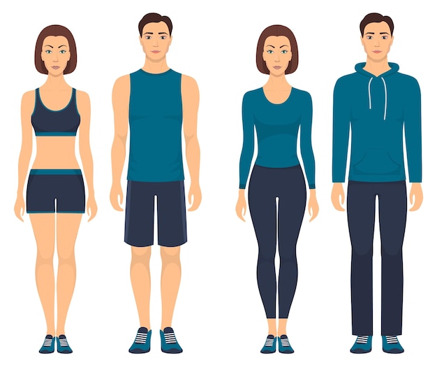 Couples in sportswear Young men and women standing in full growth in different sports clothes