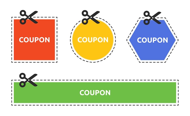 Coupon label with scissors and dashed line vector set. Cutting colorful shape template.