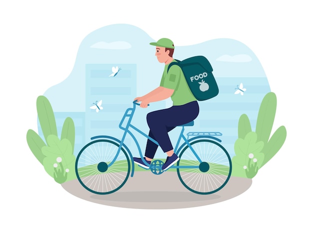 Courier on bicycle 2D vector isolated illustration. Express eco shipping. Delivery worker on bicycle flat character on cartoon background. Alternative sustainable shipment colourful scene