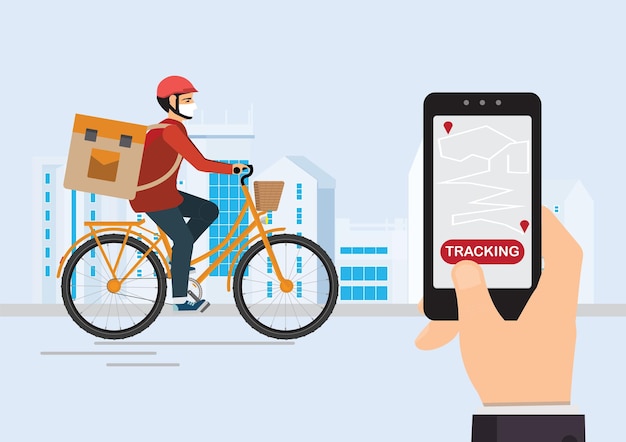 Courier on a bike with parcel box on the back tracking an order using his smartphone, city street in the background, logistics and technology, delivery service app on smartphone