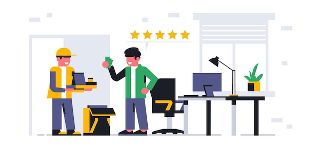 The courier delivered the food order to the office Online food delivery service Lunch break payment for order and five stars feedback received Vector illustration