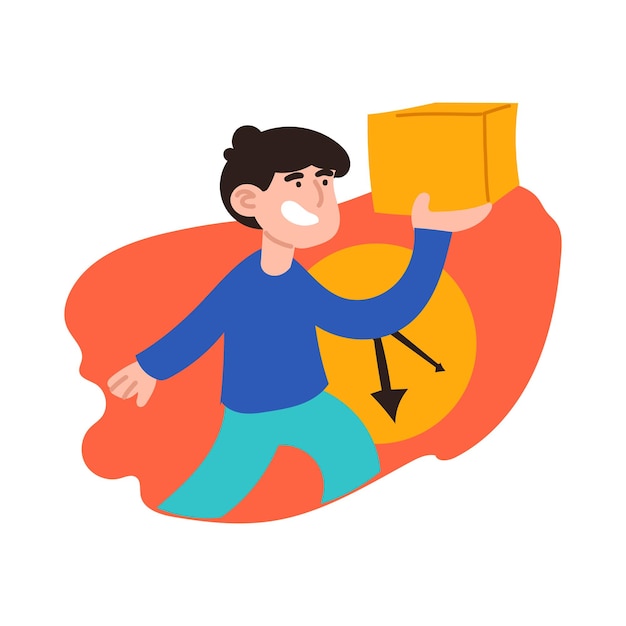 Courier delivering a parcel Delivery direction Free and fast delivery of goods Post Minivan that delivers the order online store pointer map Shopping concept Flat style Man in a blue tshirt