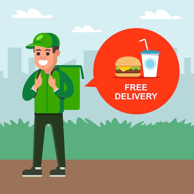 Vector courier delivers fast food to a customer. flat character illustration