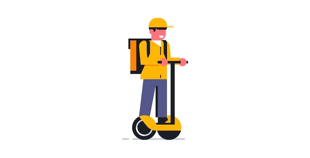 A courier delivers food orders while riding a hoverboard Online food delivery service to your home Courier in working uniform Package bag backpack electric scooter Vector illustration