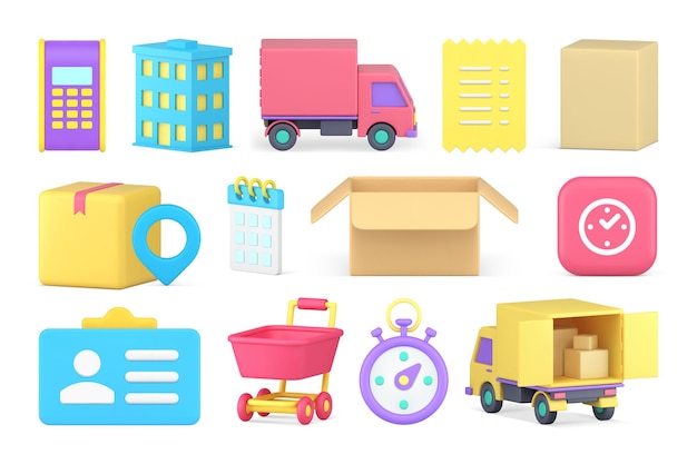 Courier delivery goods purchase express shipping cargo transportation service set 3d icon vector